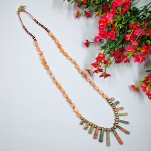 Genuine Pink And Green Unakite Stone And Pink Quartz Vintage Necklace